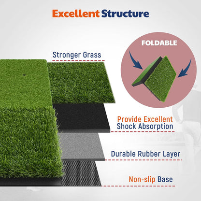 Golf Hitting Mat, Two Options (Heavy Rubber Base Dual-Turf Mat with Ball Tray, Tri-Turf Mat with Practice Golf Balls), Portable Golf Practice Training Mat for Indoor & Outdoor