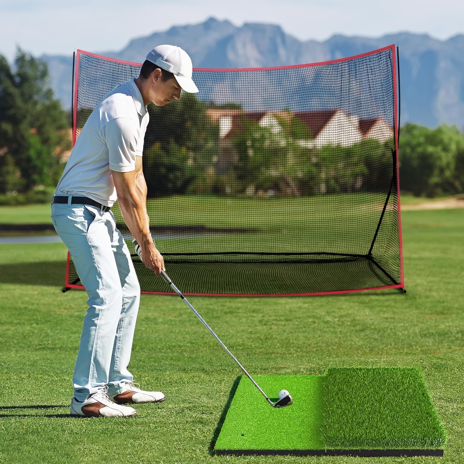 Golf Hitting Mat, Two Options (Heavy Rubber Base Dual-Turf Mat with Ball Tray, Tri-Turf Mat with Practice Golf Balls), Portable Golf Practice Training Mat for Indoor & Outdoor