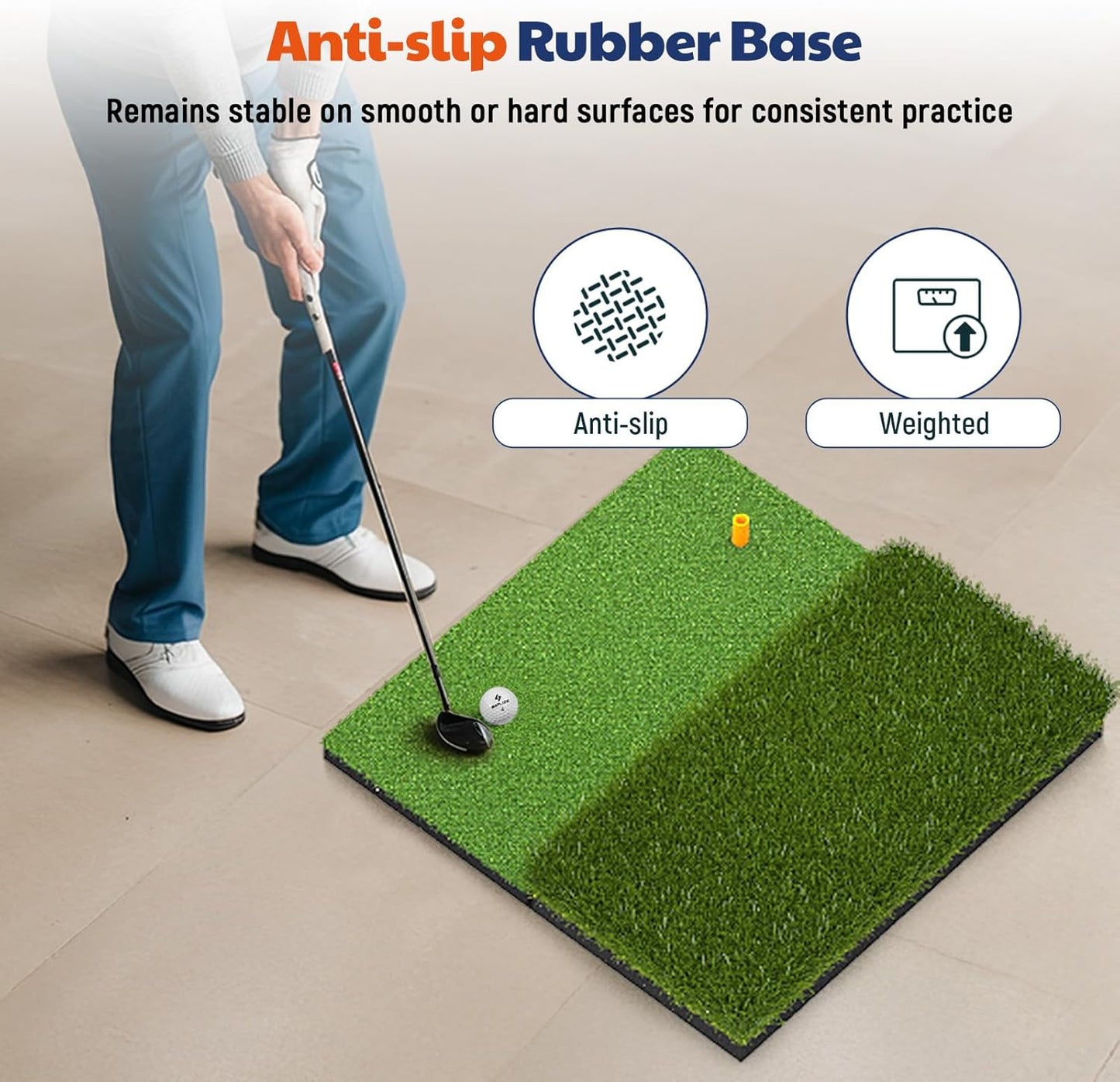 Golf Hitting Mat, Two Options (Heavy Rubber Base Dual-Turf Mat with Ball Tray, Tri-Turf Mat with Practice Golf Balls), Portable Golf Practice Training Mat for Indoor & Outdoor